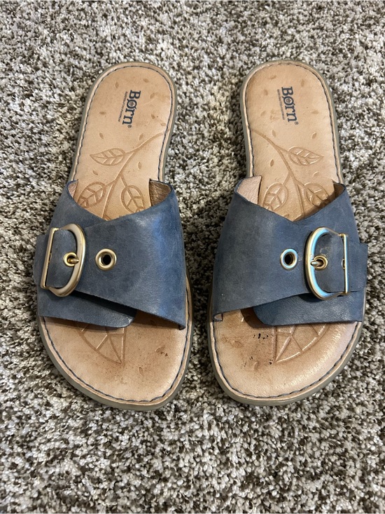 Born Shoes - Born Navy Leather Slide Sandals with Gold Buckle Accent